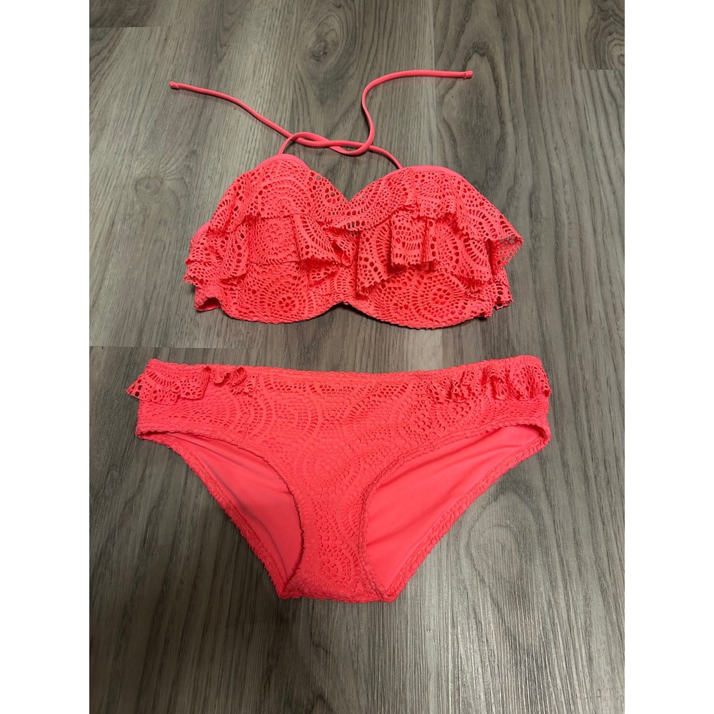 Aerie Womens Crochet Ruffle Bikini Set 34D M Neon Pink Lace Underwire Swimsuit